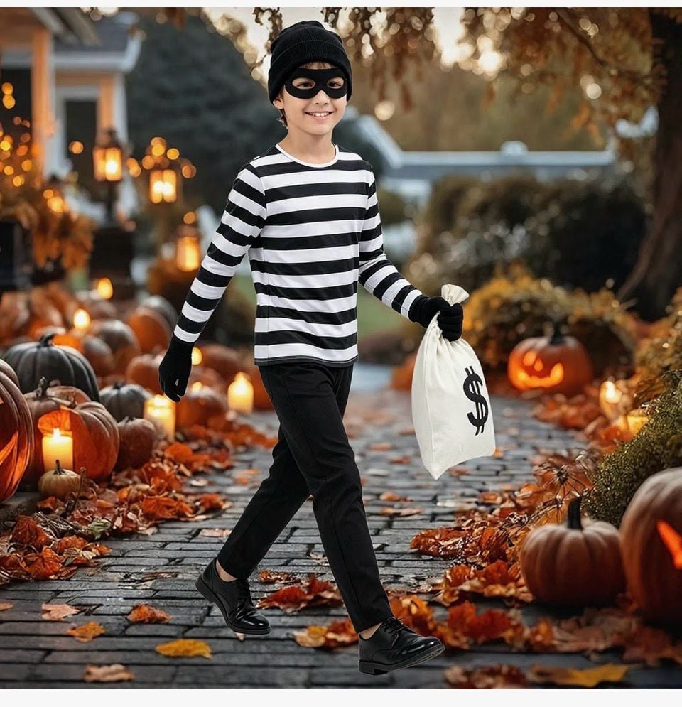 Halloween Robber Costume Set Kids Black And White Striped Size Large 3