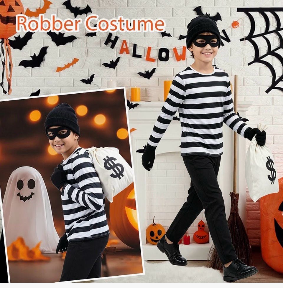 Halloween Robber Costume Set Kids Black And White Striped Size Large 2