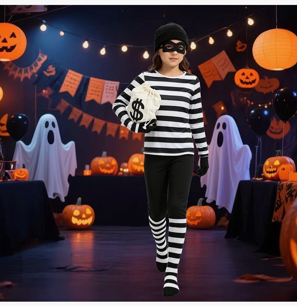 Halloween Robber Costume Set Kids Black And White Striped Size Large 4