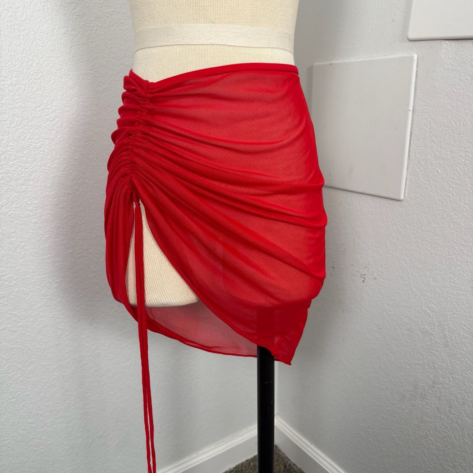 Red Mesh Drawstring Ruched Skirt 2