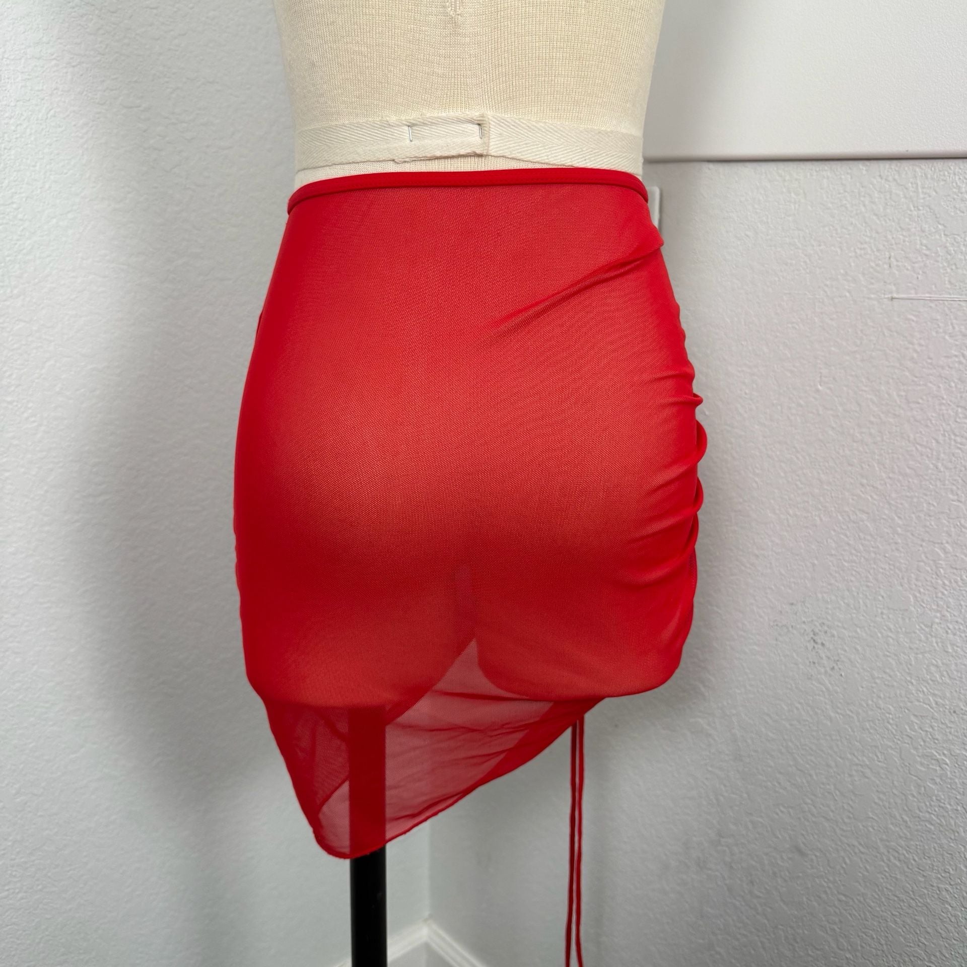 Red Mesh Drawstring Ruched Skirt 3