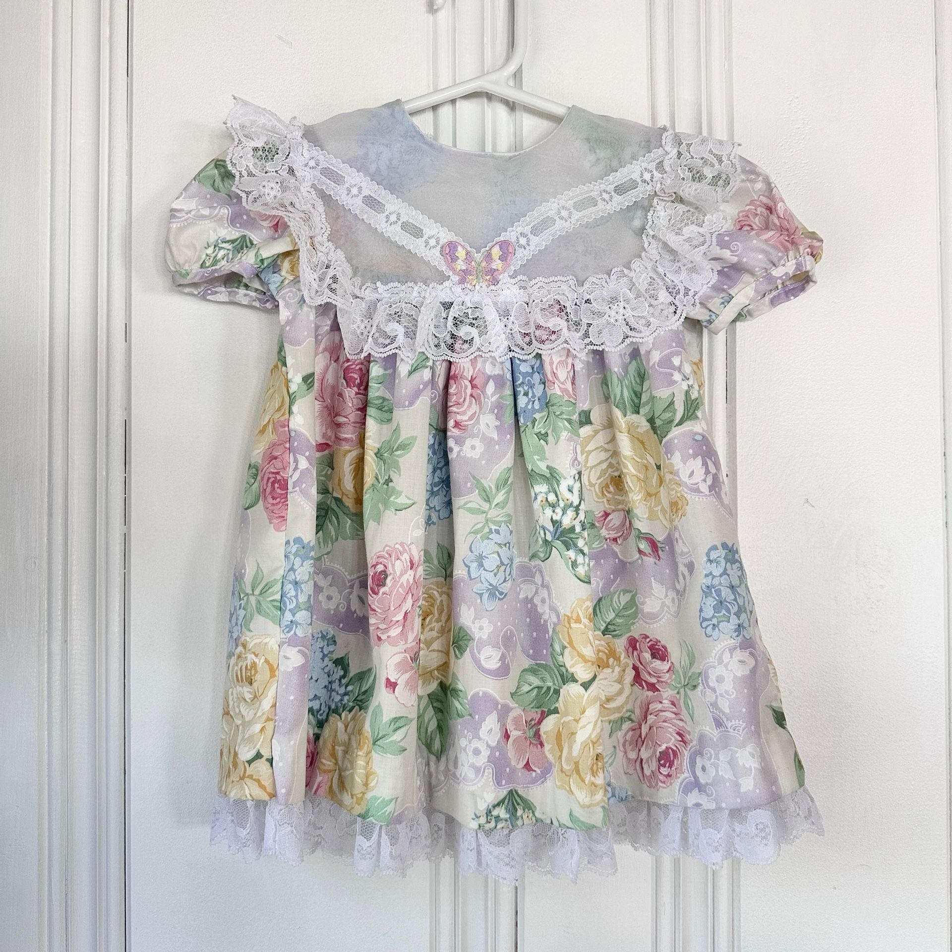 Vintage Baby Dress by Rose Cottage, size 12M, Floral with Lace Butterfly 1