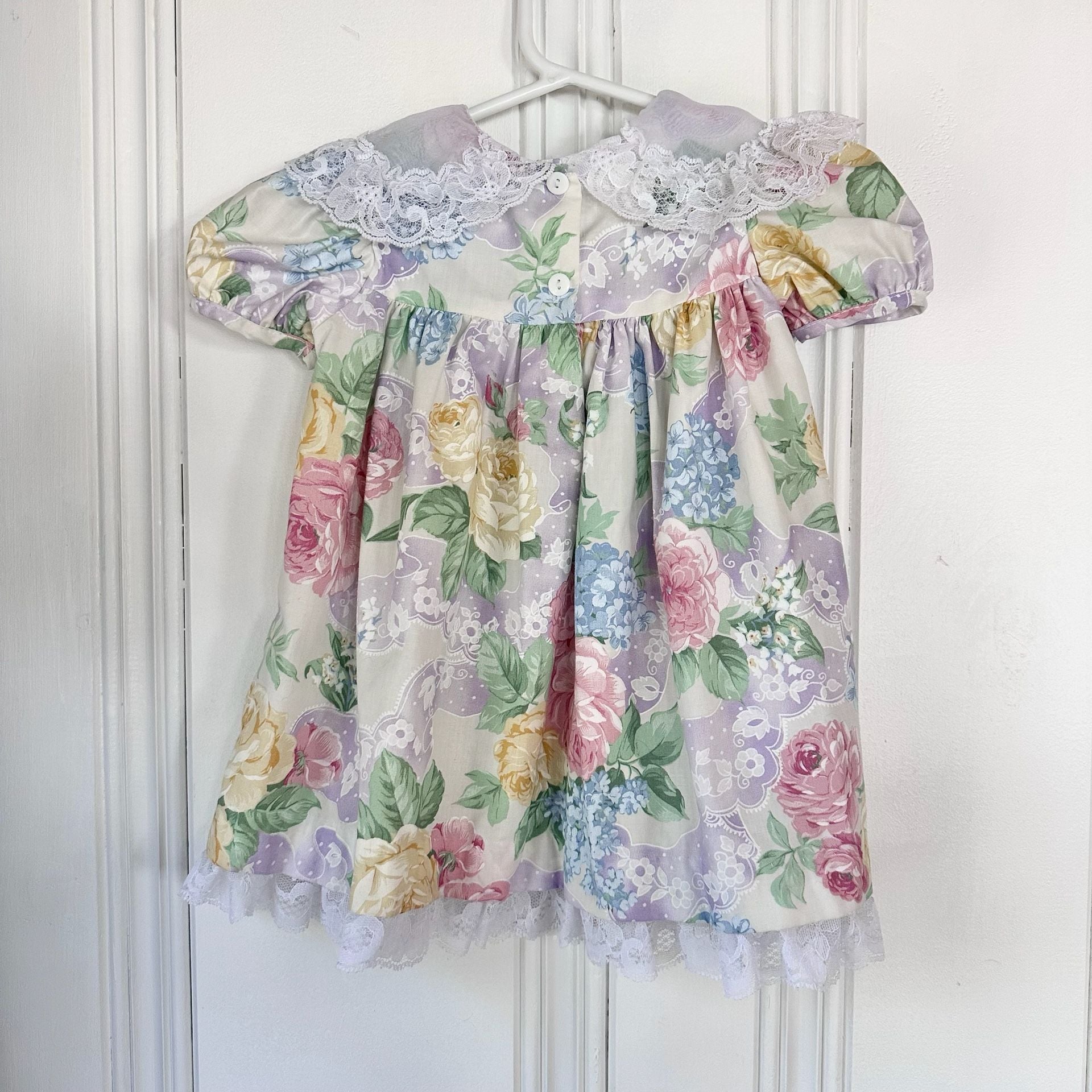 Vintage Baby Dress by Rose Cottage, size 12M, Floral with Lace Butterfly 3