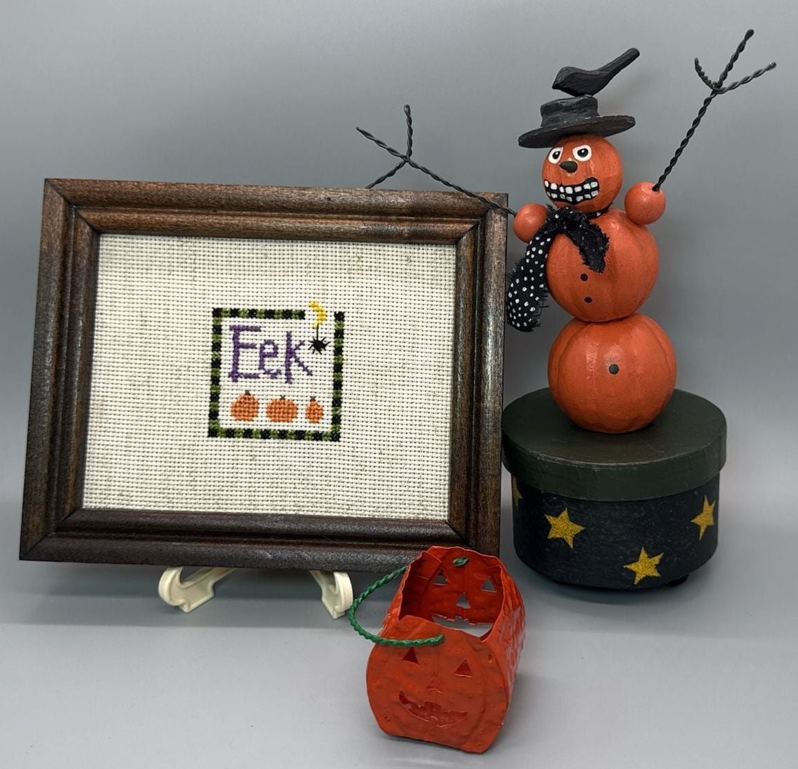 Folk Art Halloween Lot Pumpkin Push Puppet Eek Sampler Pail Primitive Decor Vtg 13
