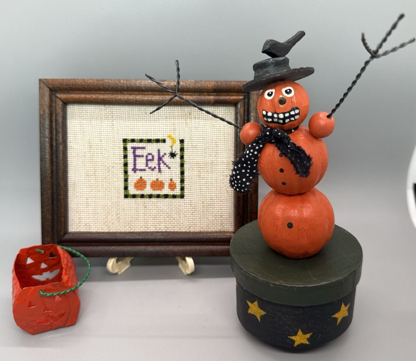 Folk Art Halloween Lot Pumpkin Push Puppet Eek Sampler Pail Primitive Decor Vtg 3
