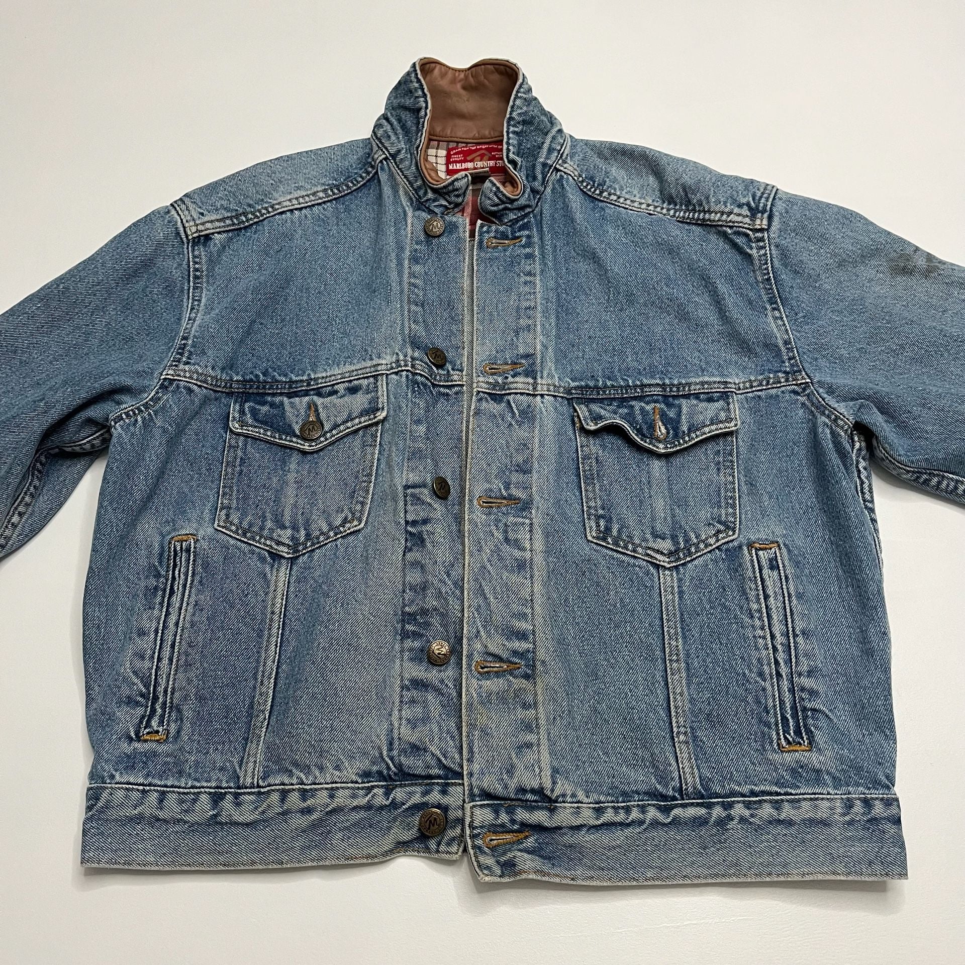 Marlboro Country Store Denim Jacket Size Small Leather Collar Flannel Lined 2