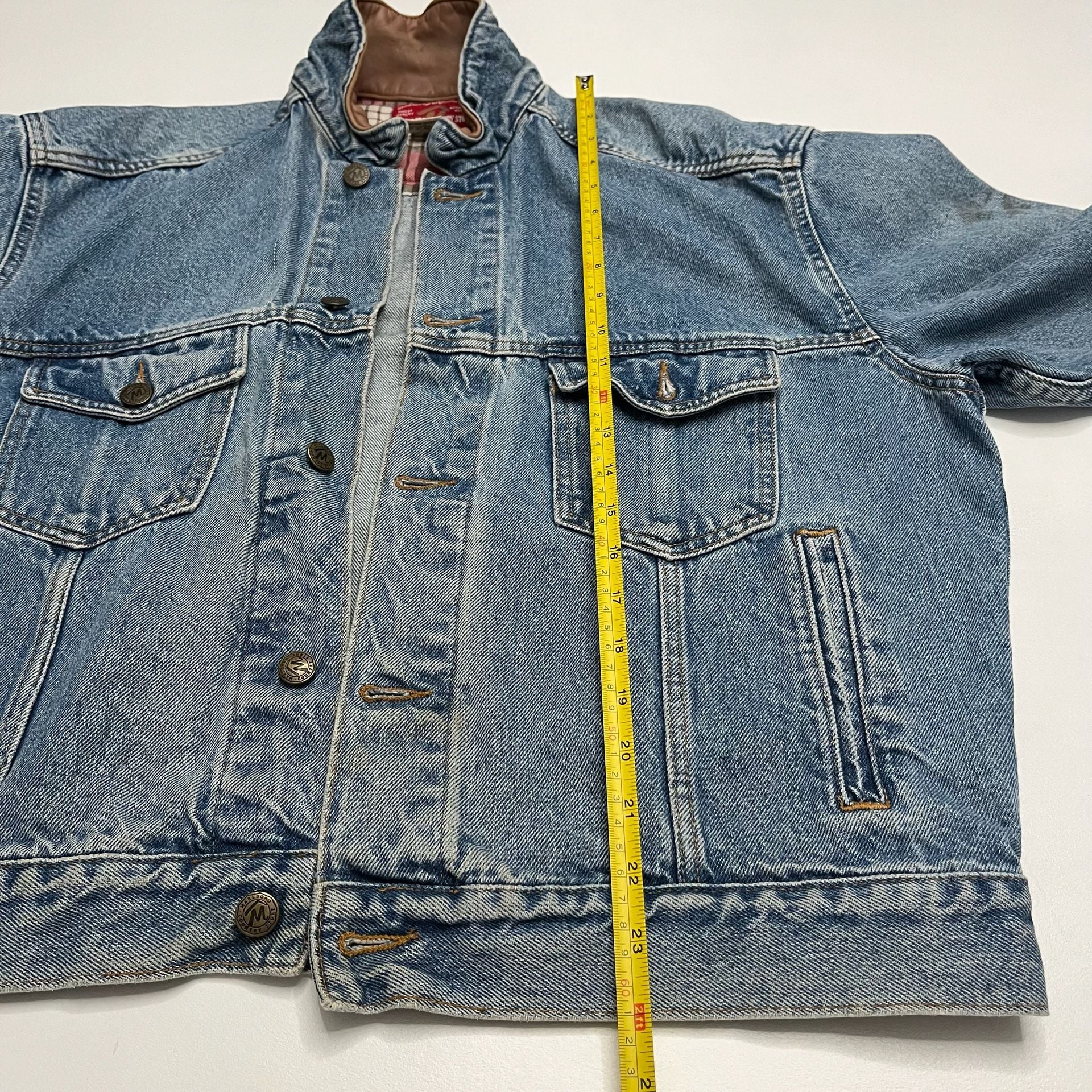 Marlboro Country Store Denim Jacket Size Small Leather Collar Flannel Lined 5
