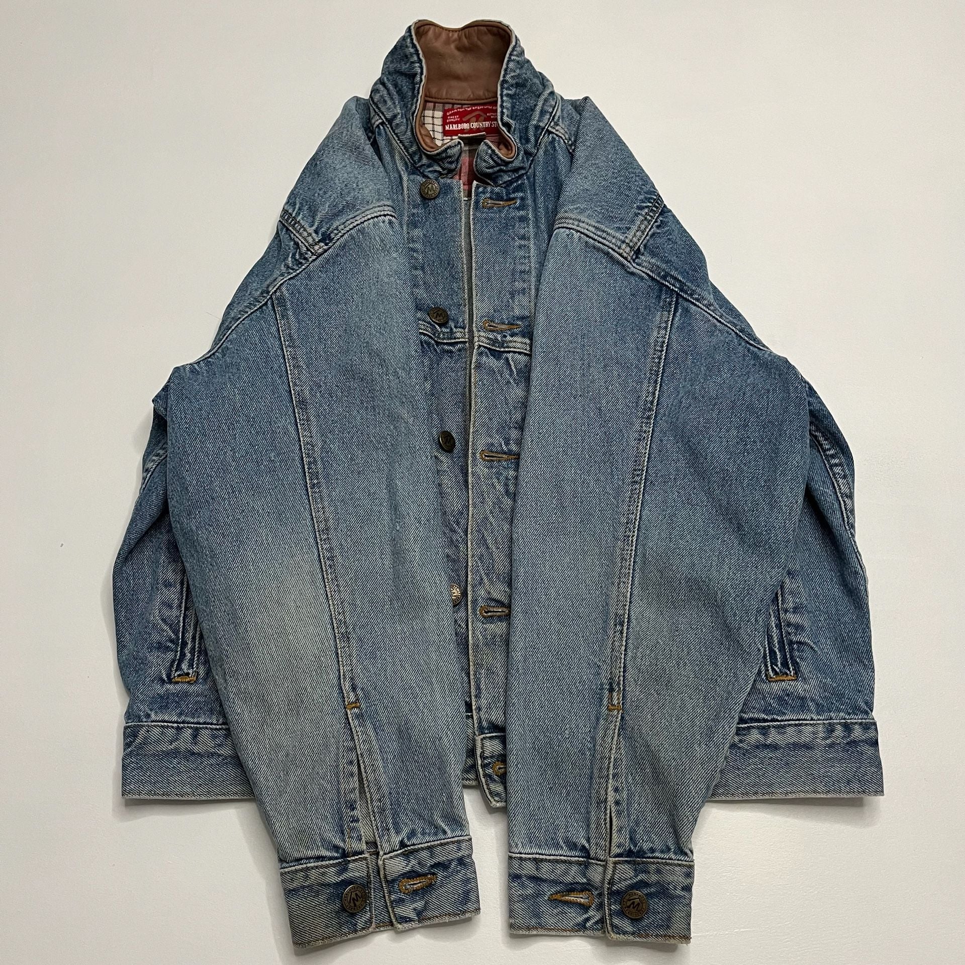 Marlboro Country Store Denim Jacket Size Small Leather Collar Flannel Lined 6