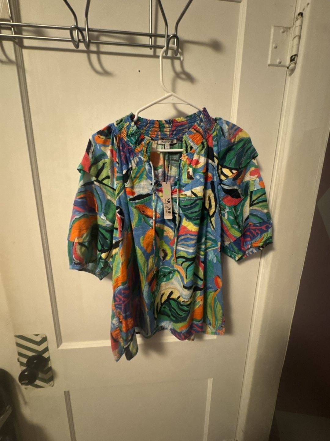 NIC+ZOE Blouse Size L Blue Multi Cotton Tropical Print 2