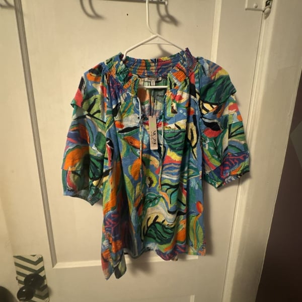 NIC+ZOE Blouse Size L Blue Multi Cotton Tropical Print