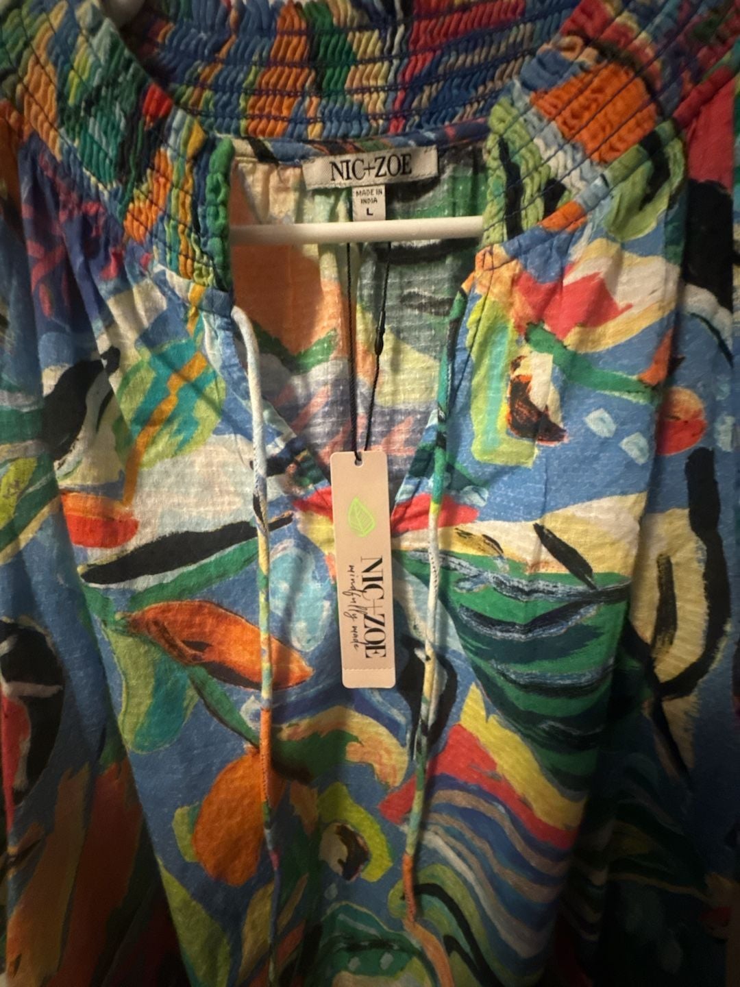 NIC+ZOE Blouse Size L Blue Multi Cotton Tropical Print 4