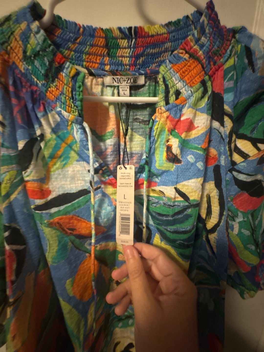 NIC+ZOE Blouse Size L Blue Multi Cotton Tropical Print 5
