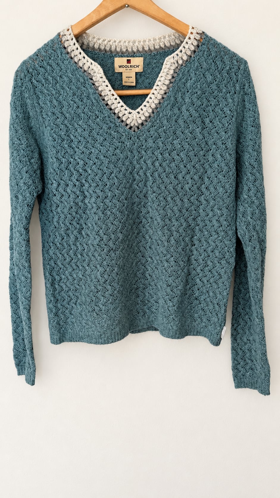 Y2K Vintage Woolrich Crochet V-Neck Long Sleeve Sweater Size S Teal 2