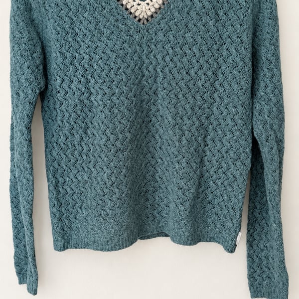 Y2K Vintage Woolrich Crochet V-Neck Long Sleeve Sweater Size S Teal