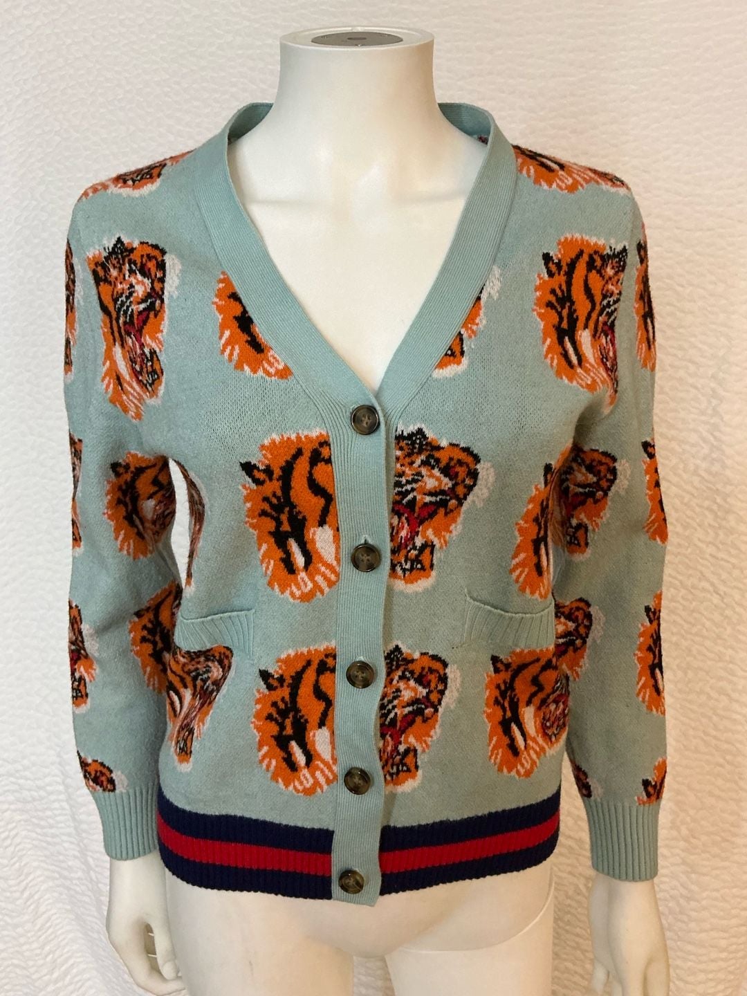 Tiger Cardigan Size M Blue Wool Blend Tiger Head Pattern 2