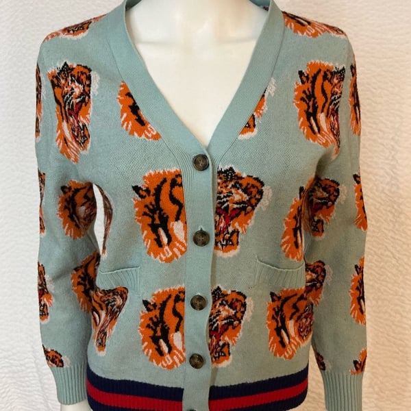Tiger Cardigan Size M Blue Wool Blend Tiger Head Pattern