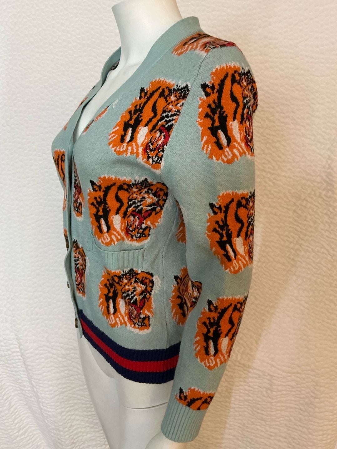 Tiger Cardigan Size M Blue Wool Blend Tiger Head Pattern 4