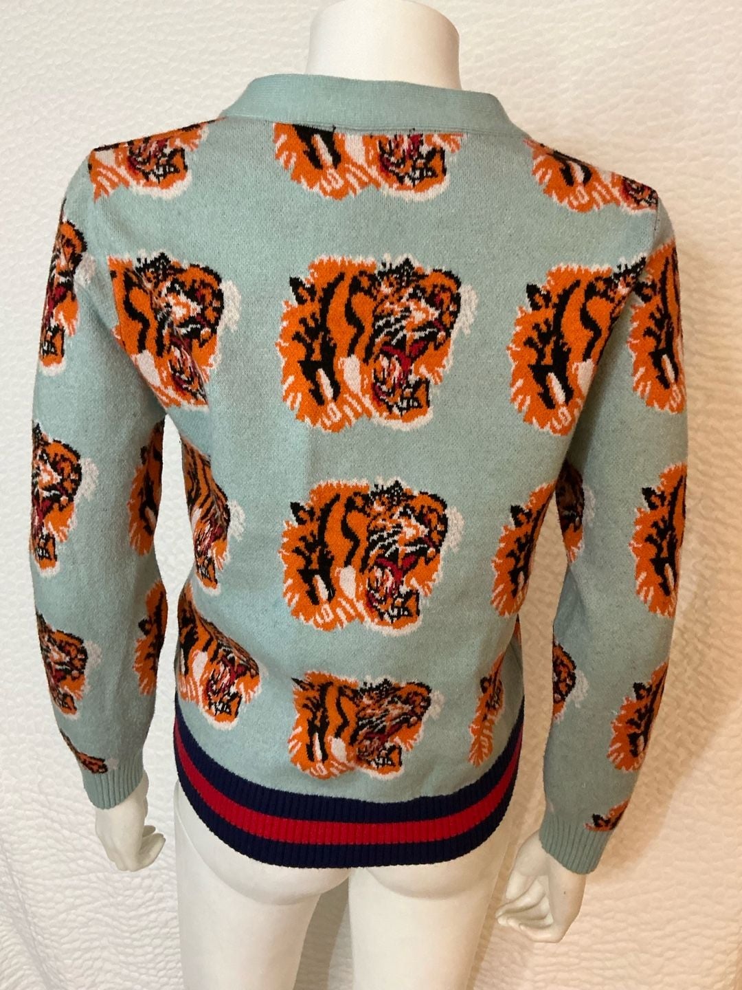 Tiger Cardigan Size M Blue Wool Blend Tiger Head Pattern 5