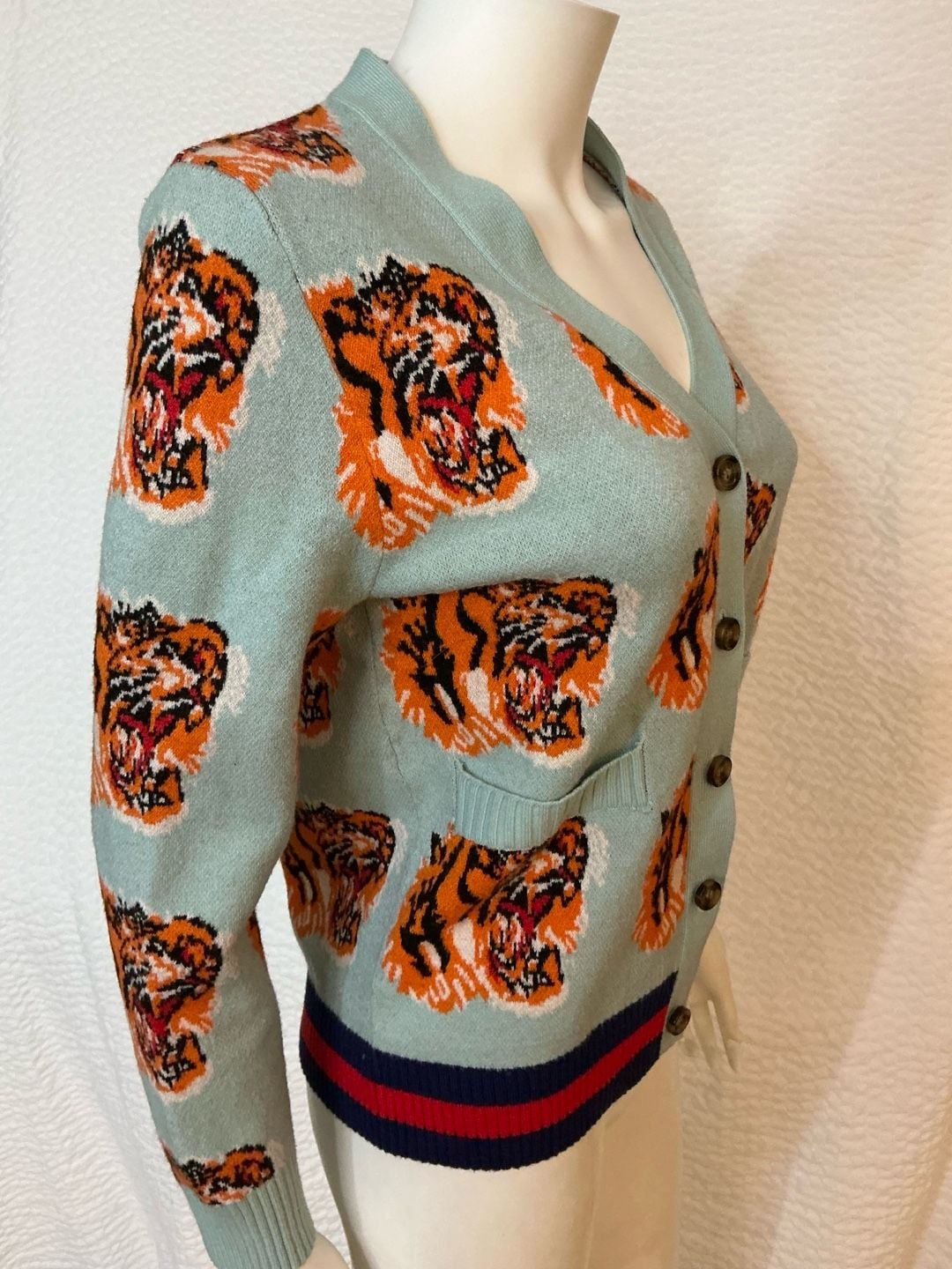 Tiger Cardigan Size M Blue Wool Blend Tiger Head Pattern 6
