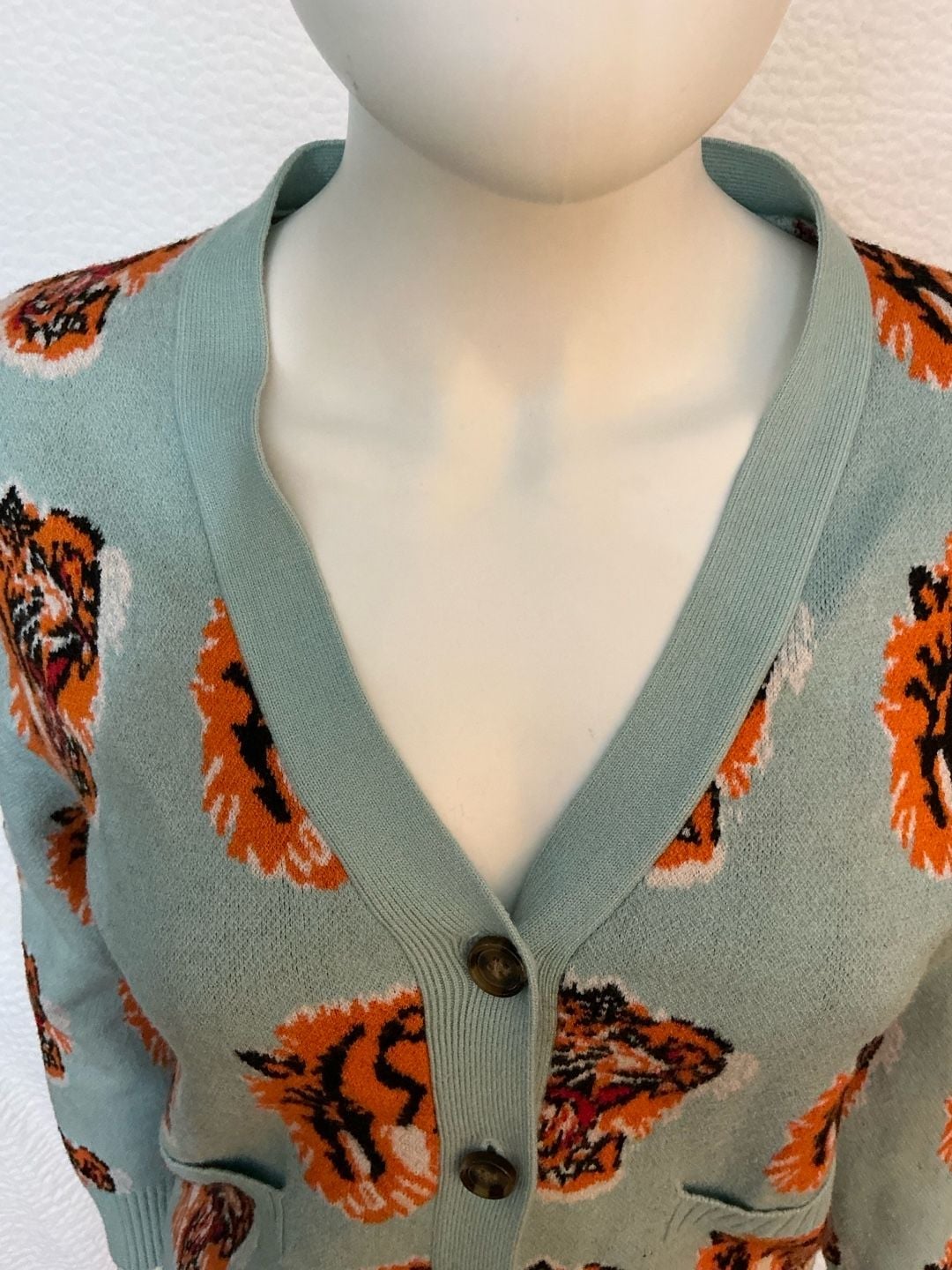 Tiger Cardigan Size M Blue Wool Blend Tiger Head Pattern 7