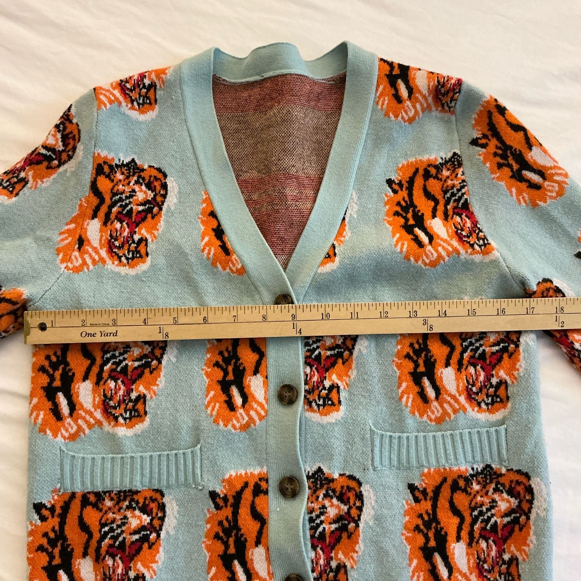 Tiger Cardigan Size M Blue Wool Blend Tiger Head Pattern 9