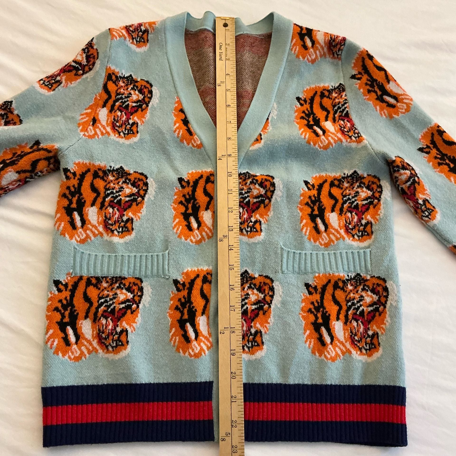 Tiger Cardigan Size M Blue Wool Blend Tiger Head Pattern 10