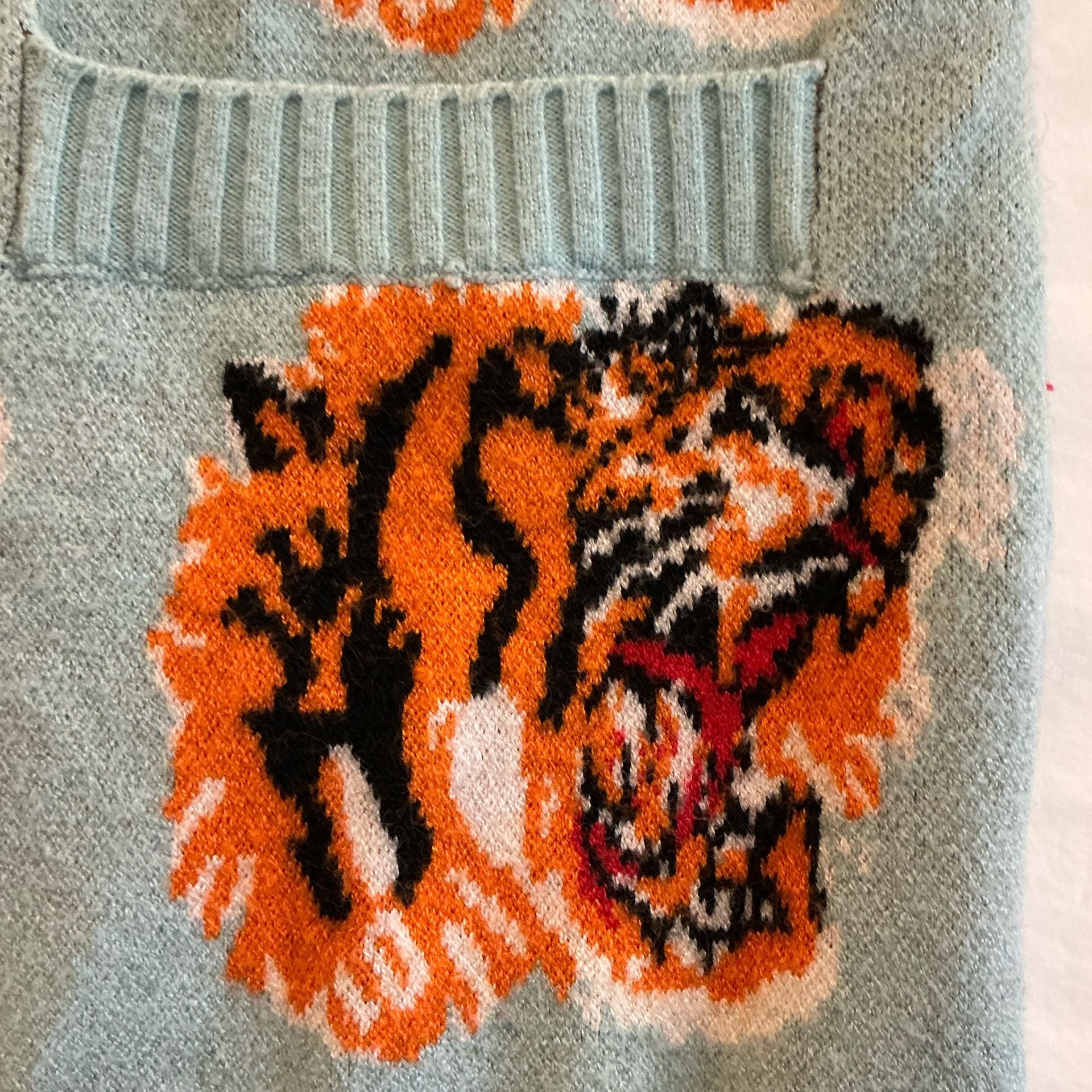 Tiger Cardigan Size M Blue Wool Blend Tiger Head Pattern 11