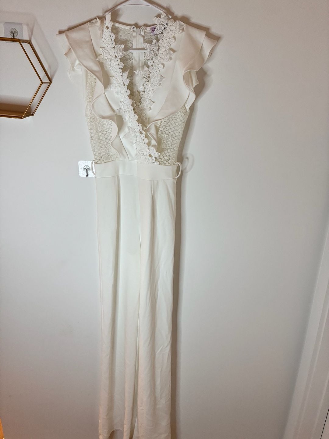 Ms. Bling Touch Of Class Jumpsuit White Lace Ruffle Wide Leg Jumpsuit Sz M 2