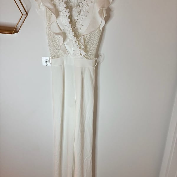 Ms. Bling Touch Of Class Jumpsuit White Lace Ruffle Wide Leg Jumpsuit Sz M