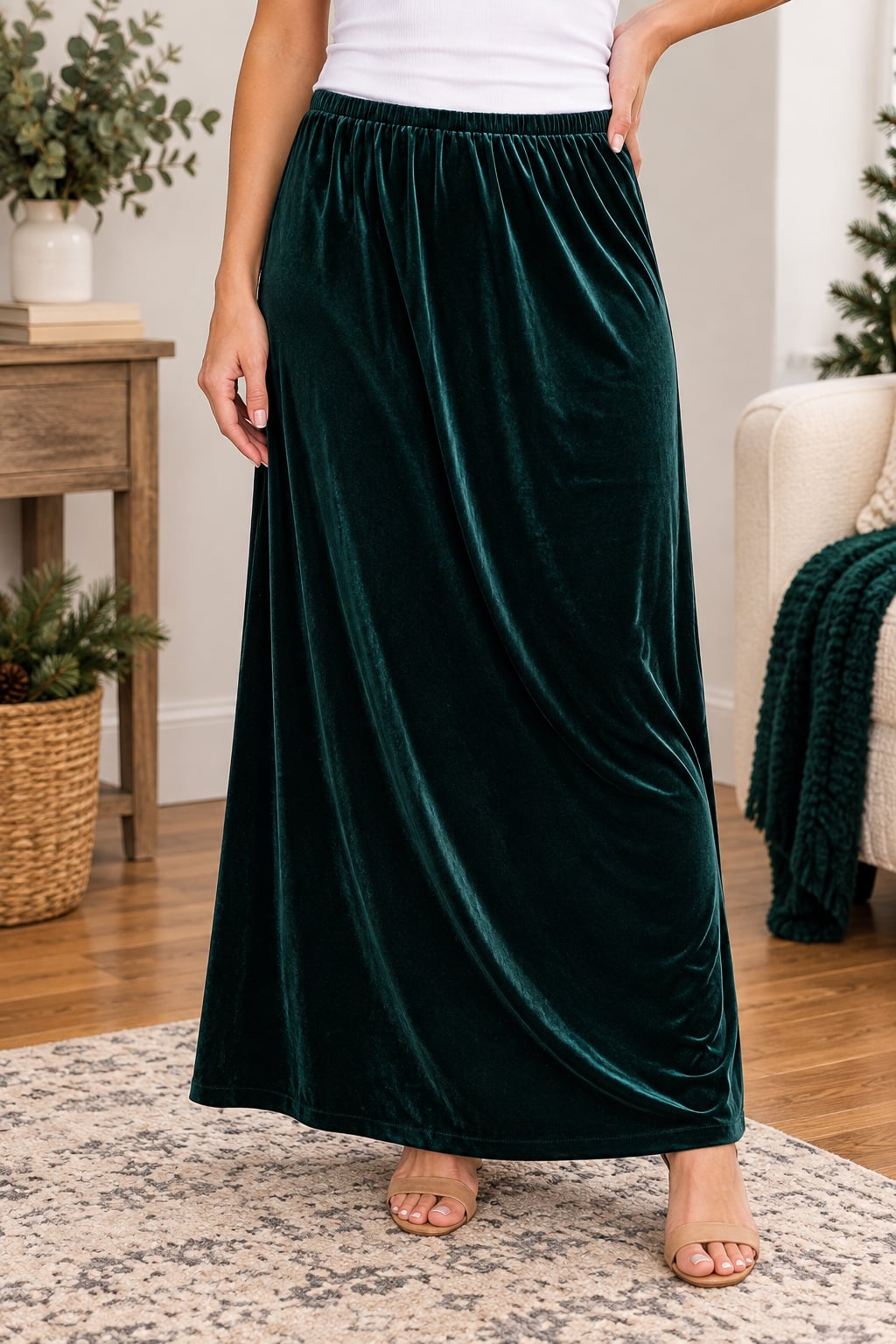 Women’s XL Green Velvet Maxi Skirt Stretch Elastic Waist Holiday Y2K 2