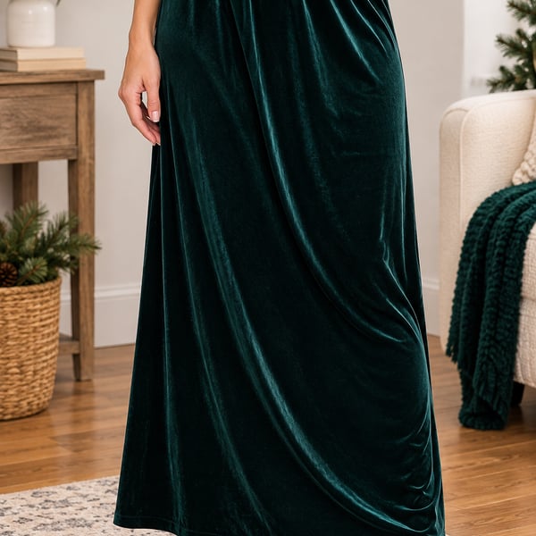 Women’s XL Green Velvet Maxi Skirt Stretch Elastic Waist Holiday Y2K