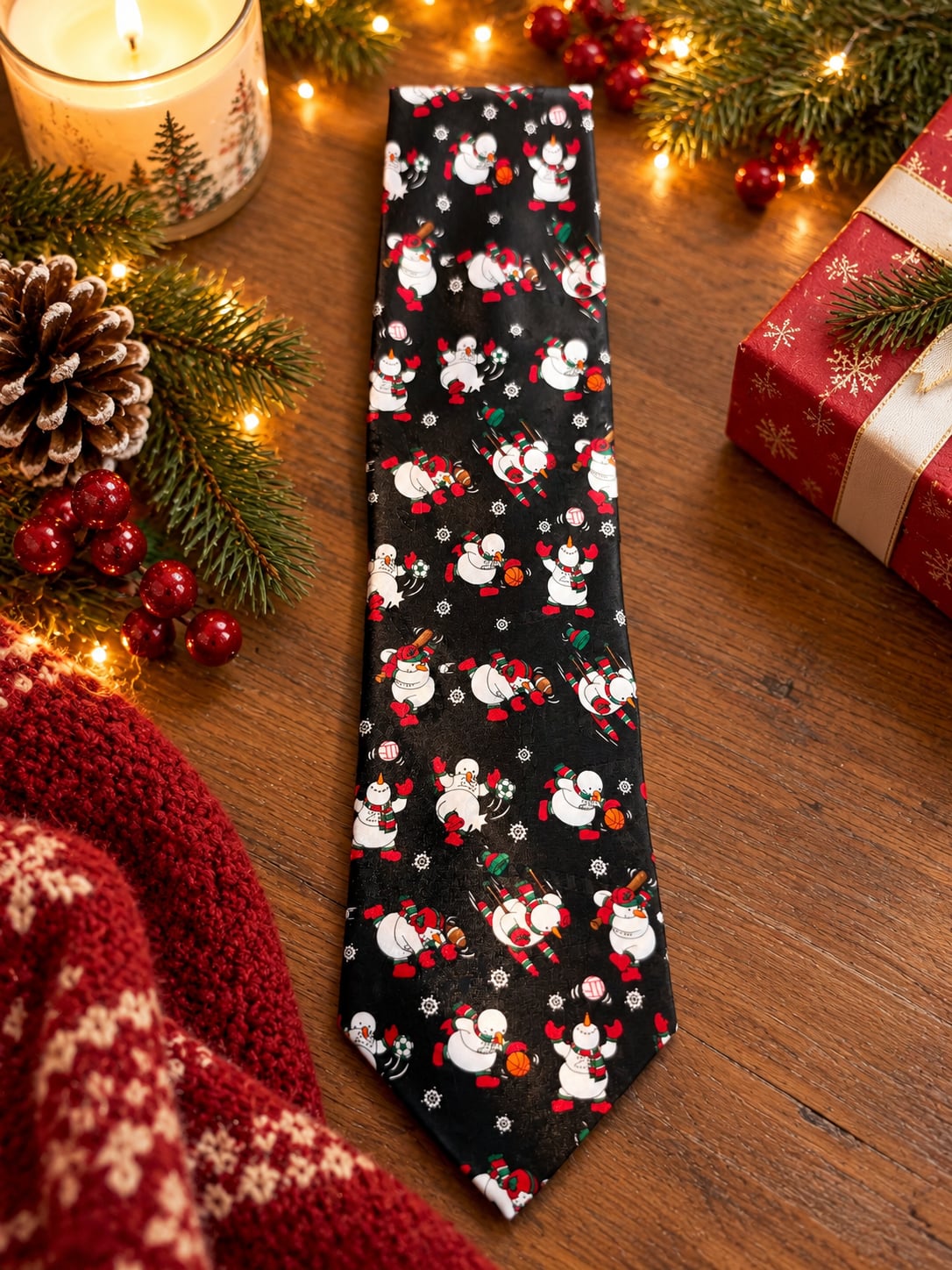 Vintage Hallmark Yule TIE Greetings Snowman Christmas Novelty Tie Black 1
