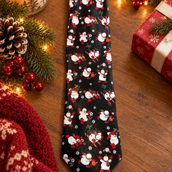 Vintage Hallmark Yule TIE Greetings Snowman Christmas Novelty Tie Black