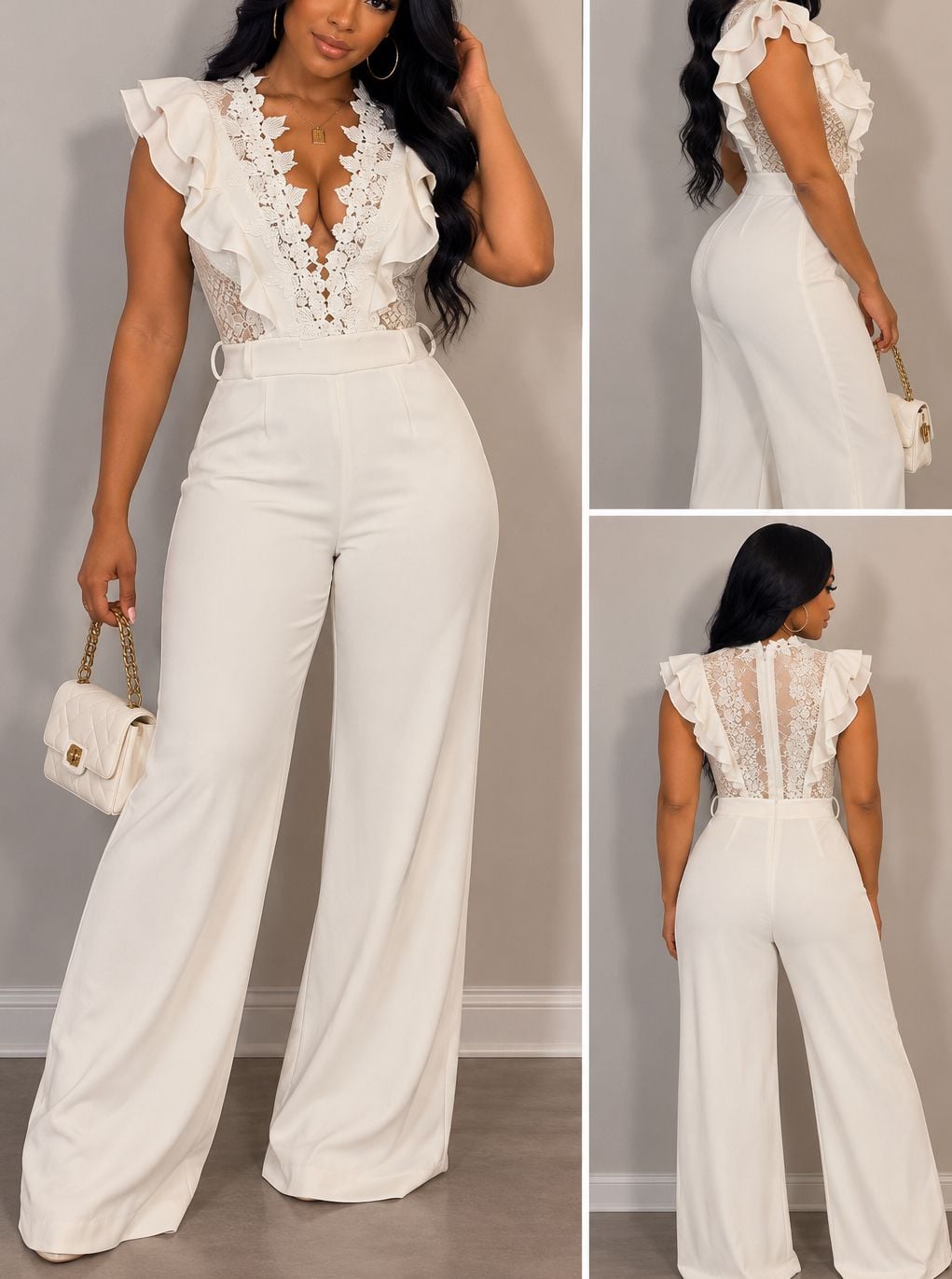 Ms. Bling Touch Of Class Jumpsuit White Lace Ruffle Wide Leg Jumpsuit Sz M 12