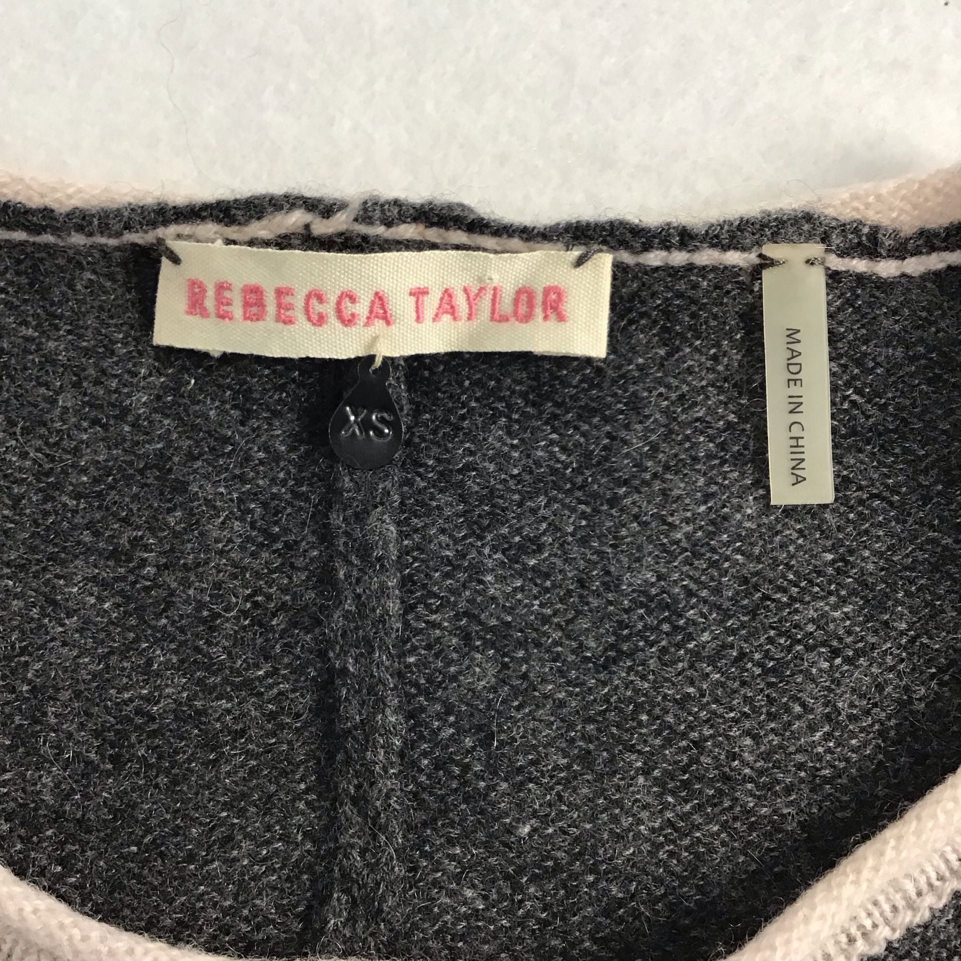 Rebecca Taylor Cashmere Sweater Gray with Cream Pink Contrast Trim XS Chic 8