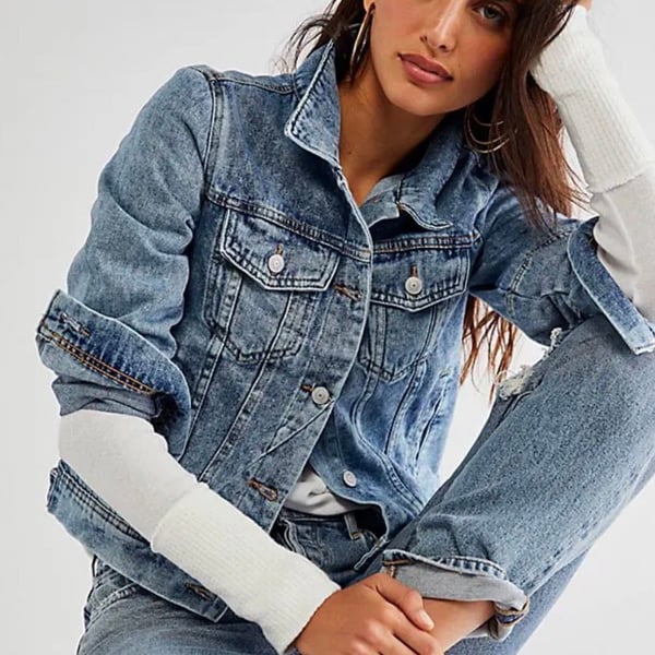 Free People Rumors Denim Jacket Size L Indigo Acid Wash