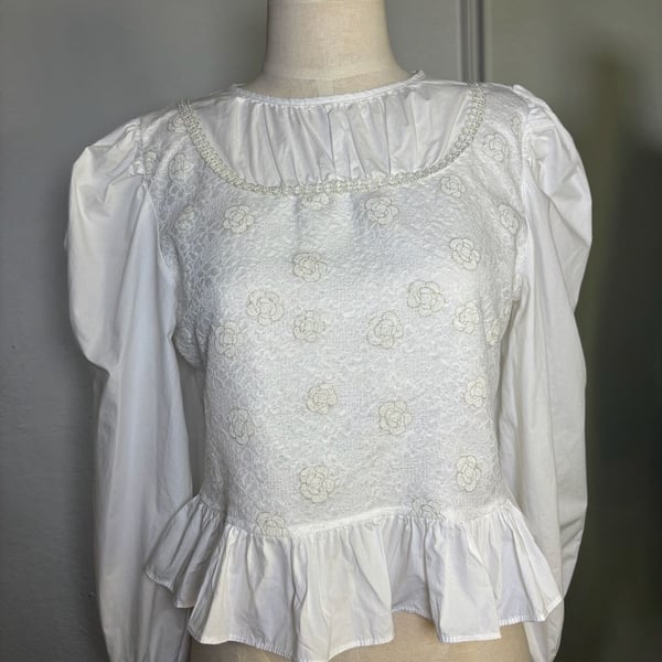 Vintage 1980s Romantic Victorian Puff Sleeve Peplum Blouse