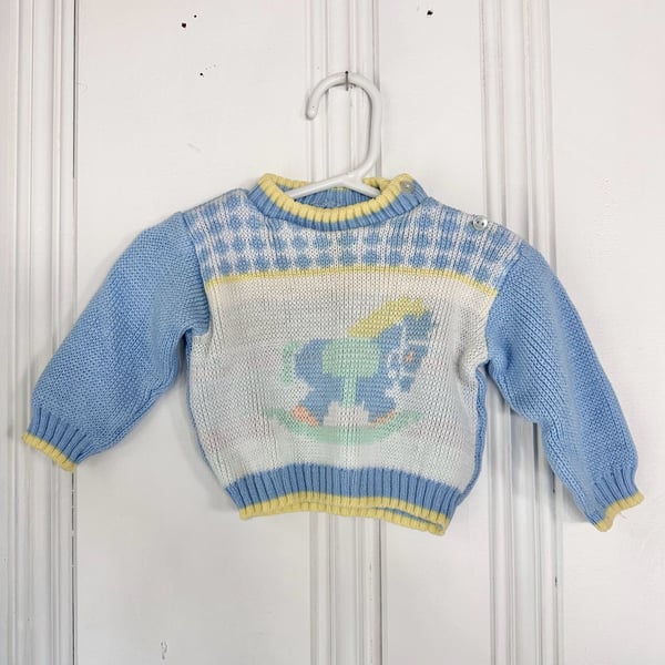 Vintage Knit Baby Sweater, Size 0-6M, Rocking Horse Blue Yellow