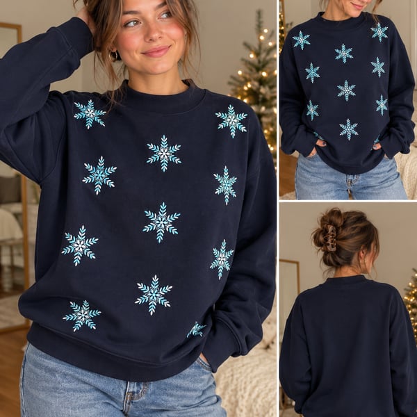 Talbots Embroidered Snowflake Mockneck Sweatshirt Size S Navy