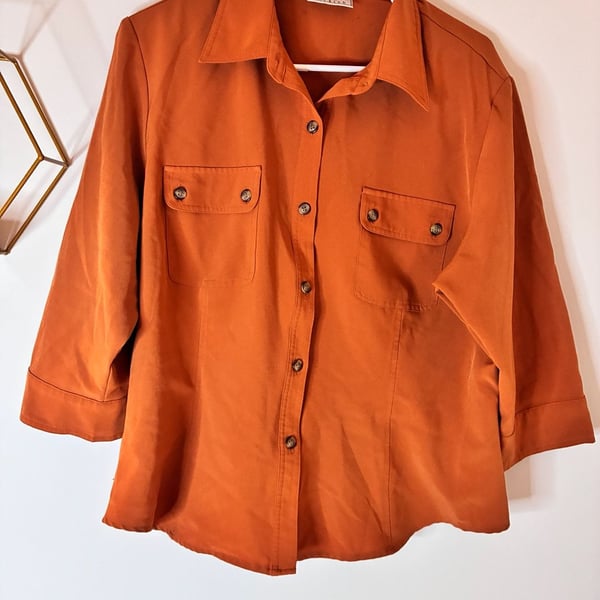 Cathy Che Stretch Rust ButtonUp Shirt Blouse Size 16