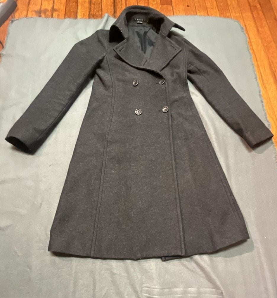 Theory Wool Blend Long Trench Coat Size P Charcoal Gray 3