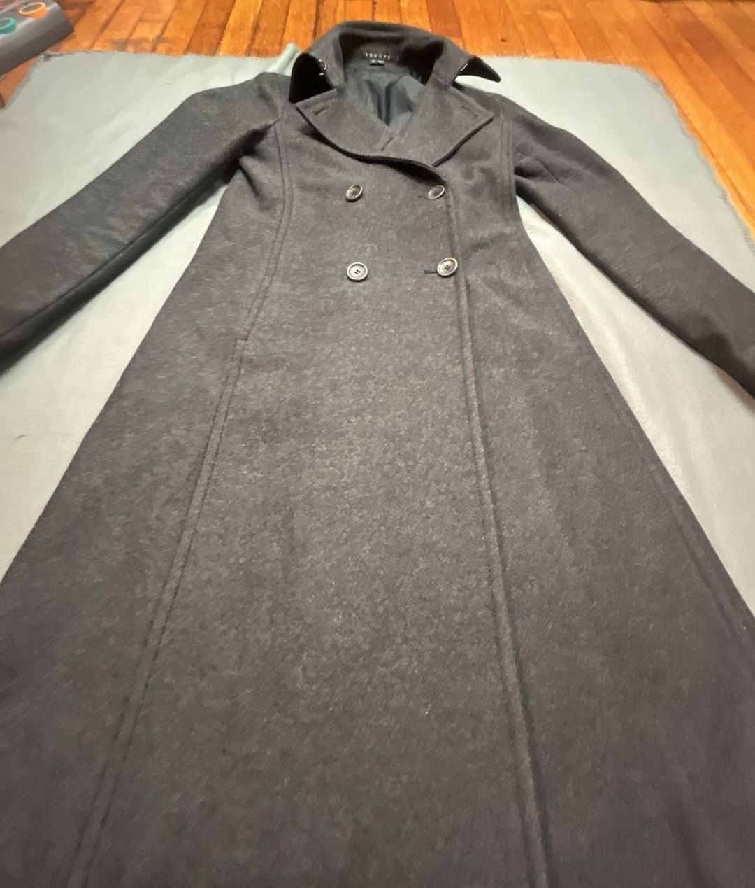 Theory Wool Blend Long Trench Coat Size P Charcoal Gray 4