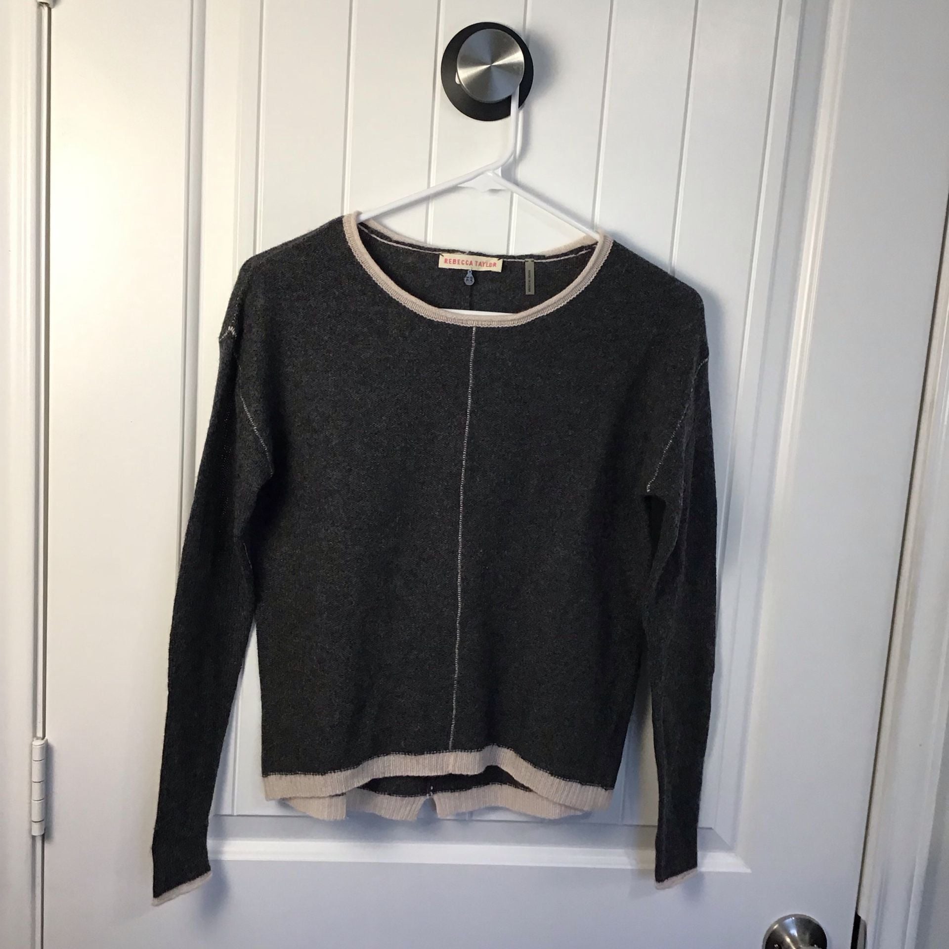 Rebecca Taylor Cashmere Sweater Gray with Cream Pink Contrast Trim XS Chic 3