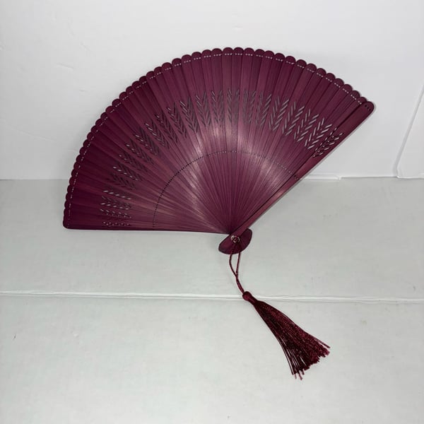 Unbranded Hollow Carved Bamboo Folding Hand Fan With Tassel Burgundy