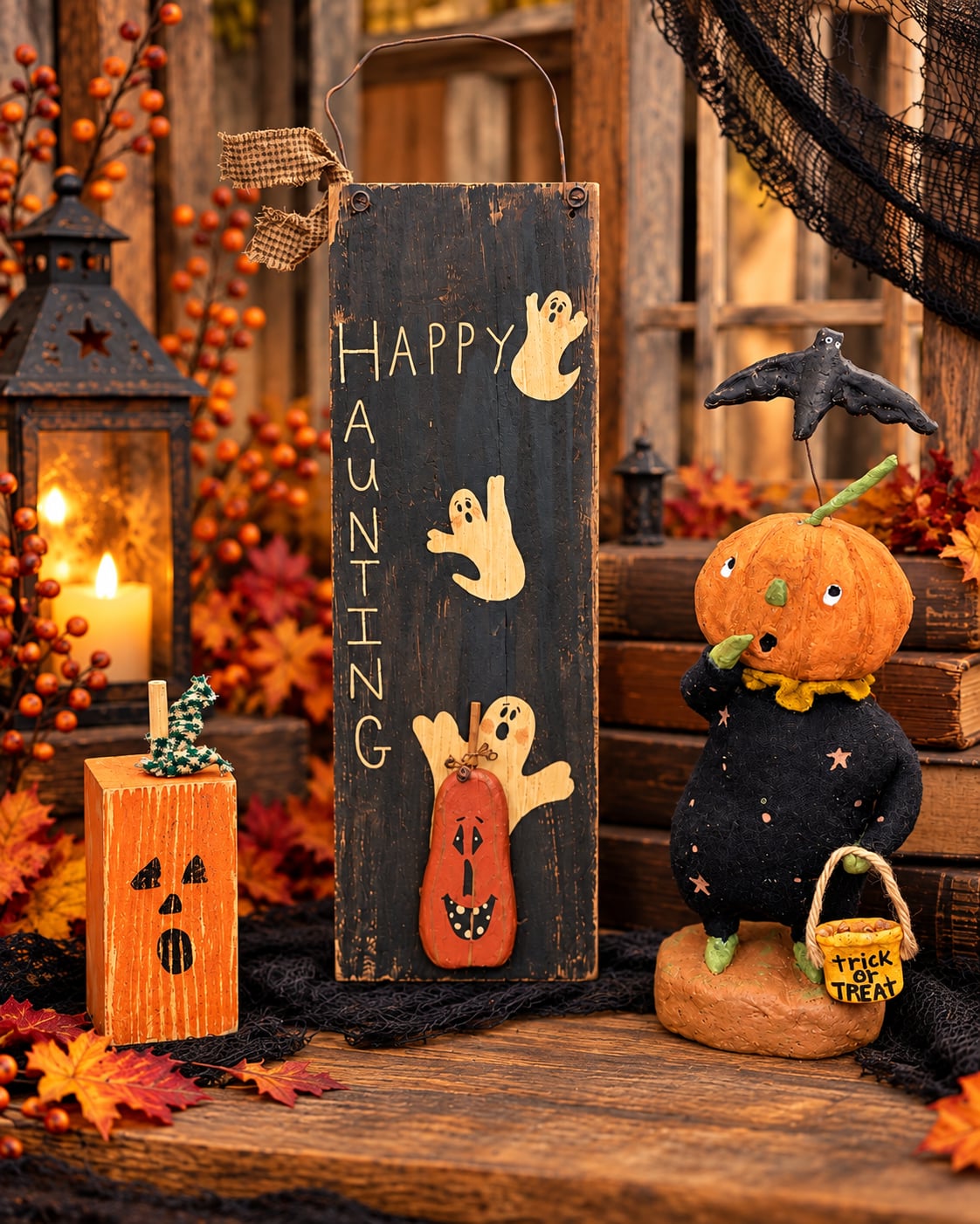 Primitive Folk Art Halloween Pumpkin Head Scarecrow Figurine Wood Decor Lot Vtg 1