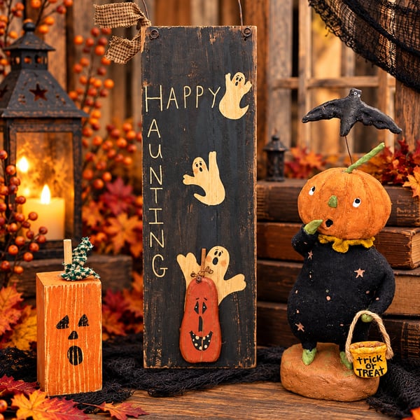 Primitive Folk Art Halloween Pumpkin Head Scarecrow Figurine Wood Decor Lot Vtg