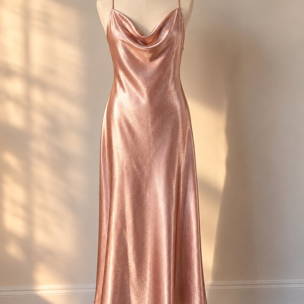 Birdy Grey Liza Rose Gold Metallic Satin Cowl Neck Slip Midi Dress S