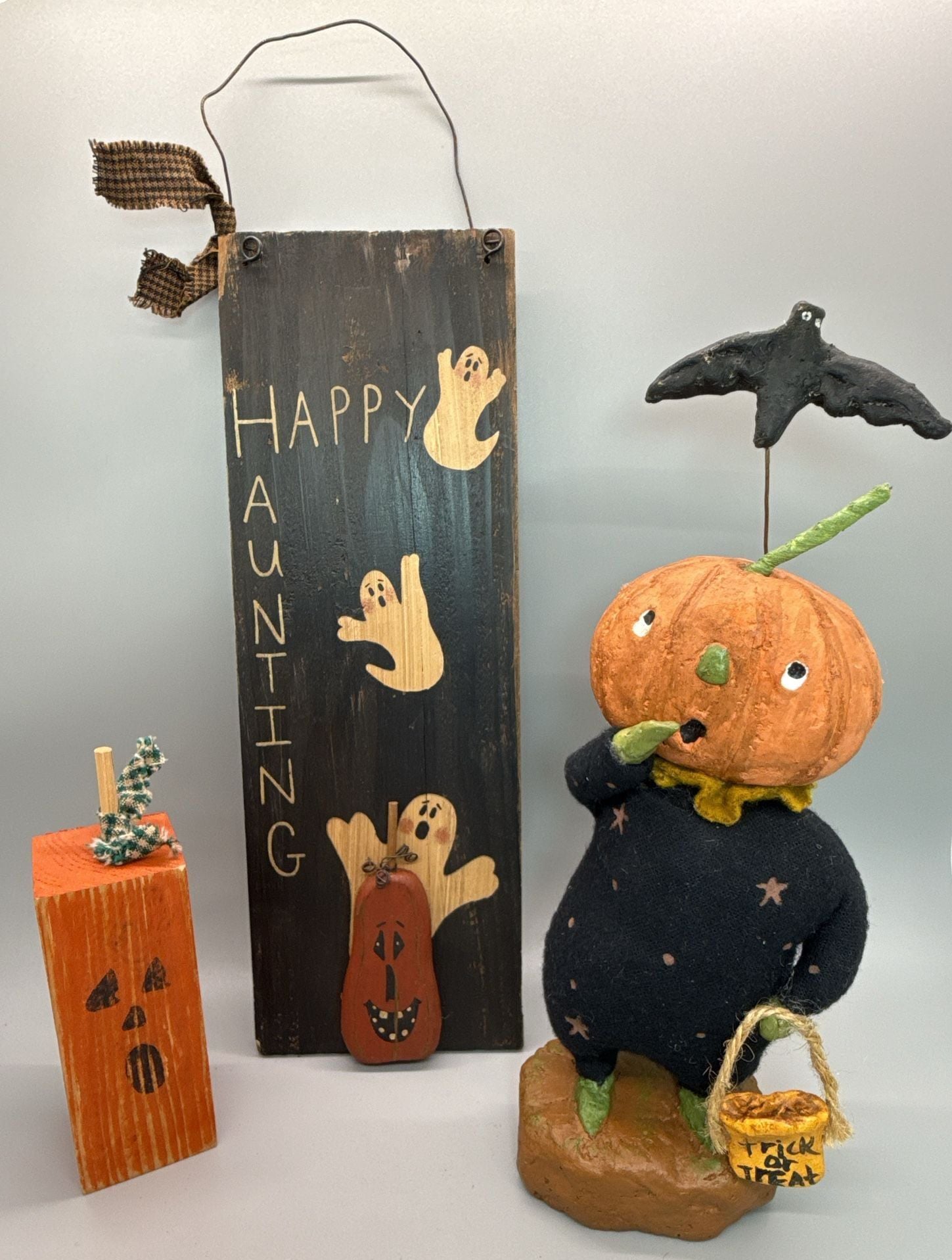 Primitive Folk Art Halloween Pumpkin Head Scarecrow Figurine Wood Decor Lot Vtg 3