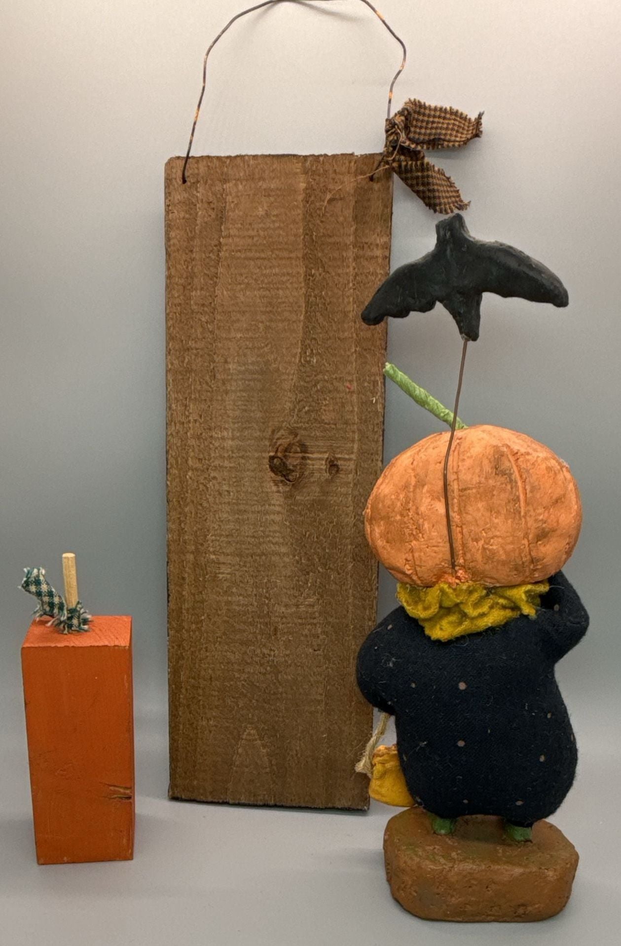 Primitive Folk Art Halloween Pumpkin Head Scarecrow Figurine Wood Decor Lot Vtg 8