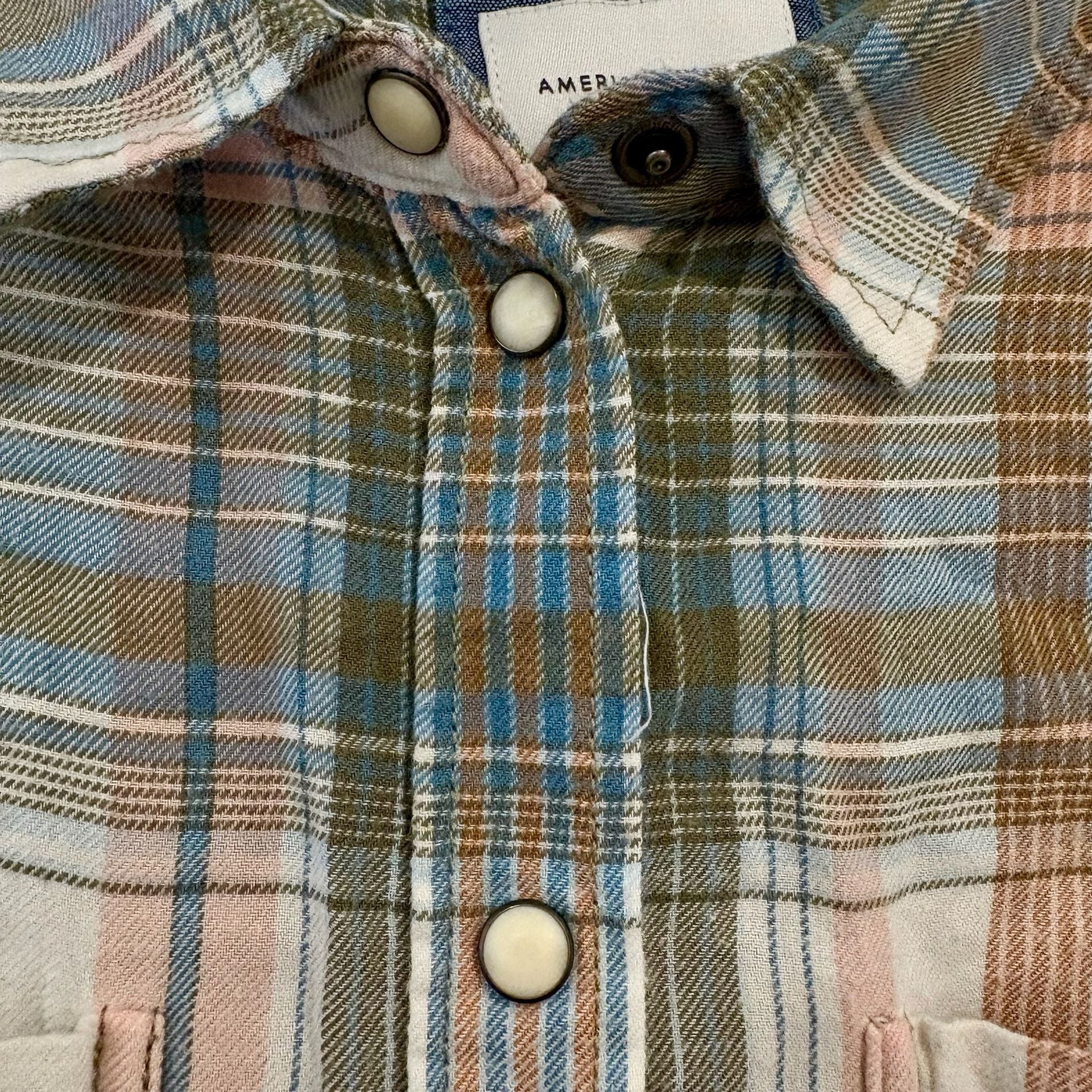 American Eagle Womens Small Plaid Pearl Snap Western Flannel Shirt Pink Blue 5